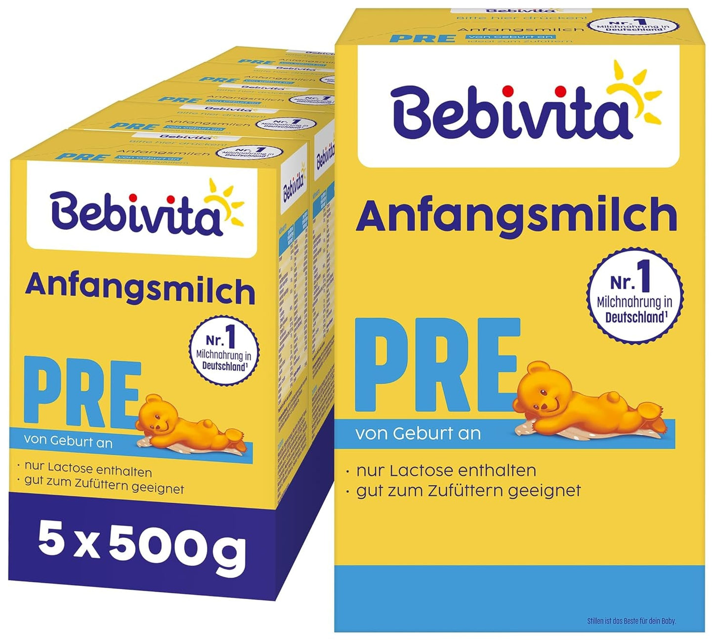 Formulă de lapte praf PRE (5 x 500 g), de la naștere, conține doar lactoză ca și carbohidrat, potrivită pentru alimentație suplimentară