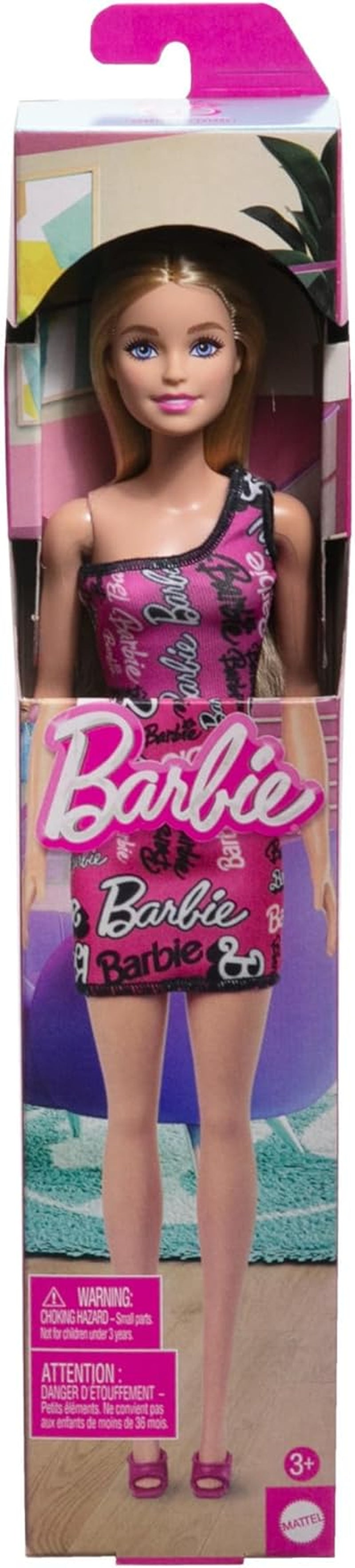Păpușă Barbie la modă cu păr blond și drept, într-o rochie roz detașabilă cu un singur umăr și pantofi cu logo imprimat, HRH07