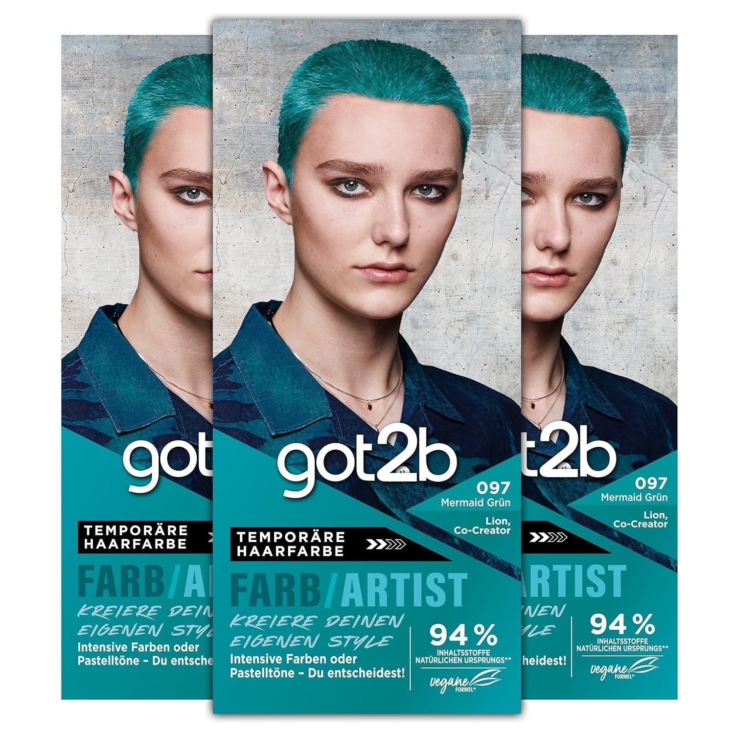 got2b Colour/Artist 097 Mermaid Green Level 2 (3x 80 ml), vopseaua de păr temporară face părul să strălucească în culori intense sau nuanțe pastelate, vopseaua de păr durează 12-15 spălări, formulă vegană Vopsea pentru par Naty Shop 097 Verde sirenă