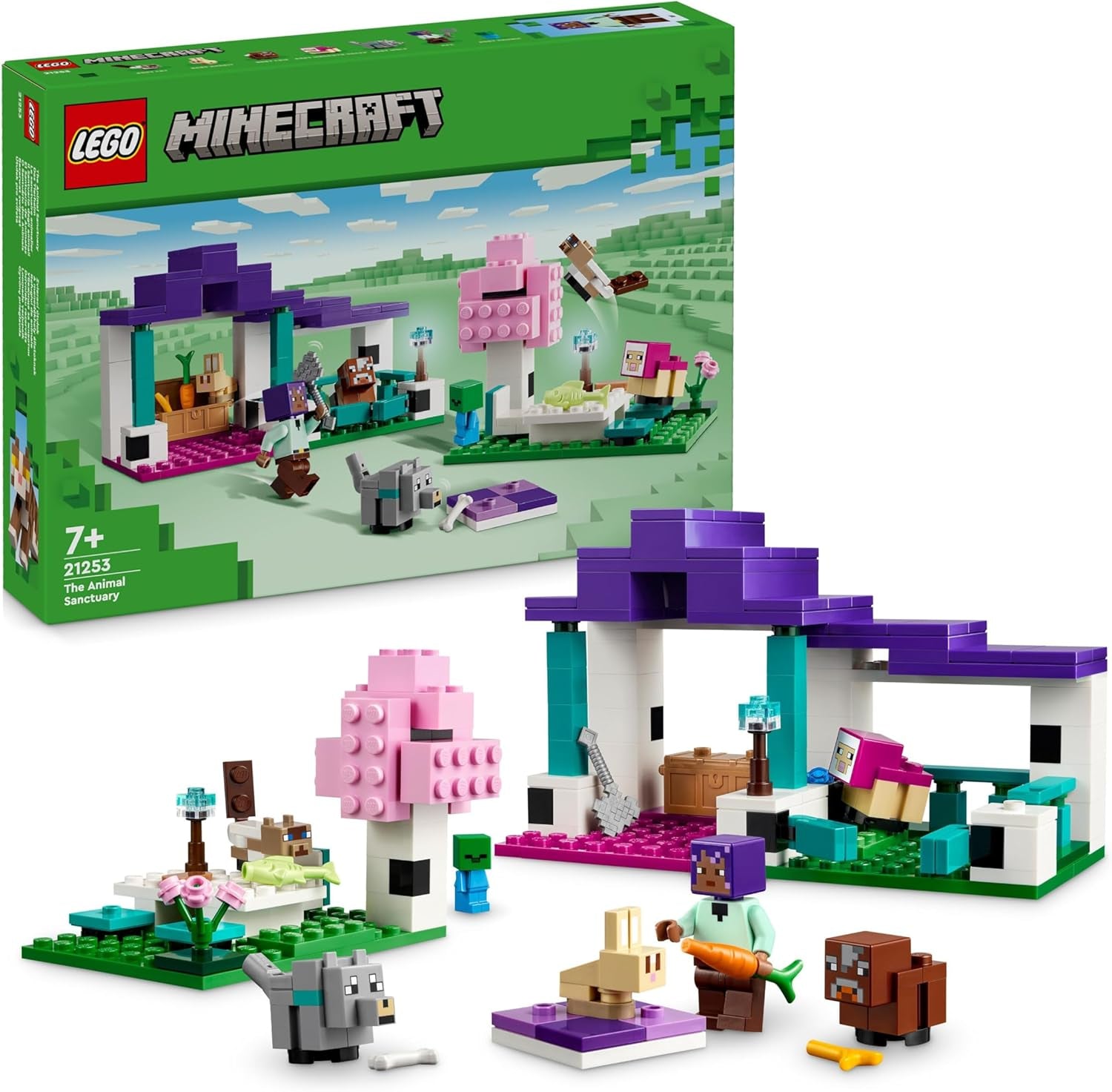 LEGO Minecraft Sanctuarul animalelor, jucărie cu multe figuri de animale pentru fete și băieți de la 7 ani, cadou pentru gameri și copii, set de modele de cărămizi ale biomului de câmpie 21253 Seturi de constructie Besuche den LEGO-Store Singur