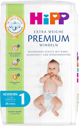 Scutec HiPP Extra Soft Premium Mărimea 1 Nou-născut 2-5 kg, 72 bucăți (3 pachete a câte 24), cu protecție anti-scurgere în 3 moduri și protecție dublă a pielii