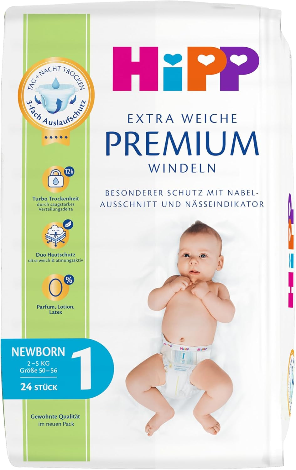 Scutec HiPP Extra Soft Premium Mărimea 1 Nou-născut 2-5 kg, 72 bucăți (3 pachete a câte 24), cu protecție anti-scurgere în 3 moduri și protecție dublă a pielii