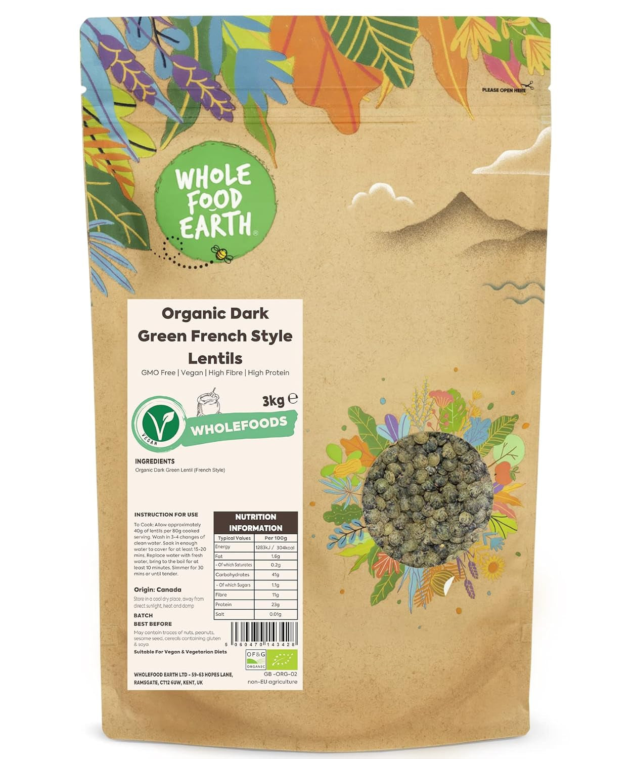 Linte verde închis în stil franțuzesc Wholefood Earth Organic 1kg Fără OMG | Vegan | Bogat în fibre | Bogat în proteine | Certificat organic