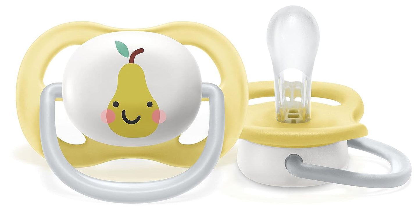 Suzetă Philips AVENT ultra air - pachet de 2, fără BPA, respirabilă, pentru bebeluși 0-6 luni, inclusiv cutie de transport și sterilizare, măr/pară (model SCF080/17)