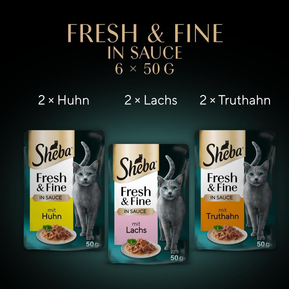 Sheba Portion Pouches Hrană umedă pentru pisici, pachet multiplu Fresh & Fine în sos cu pui și somon MSC, 6x6x50g - Mese rafinate pentru pisici în sos