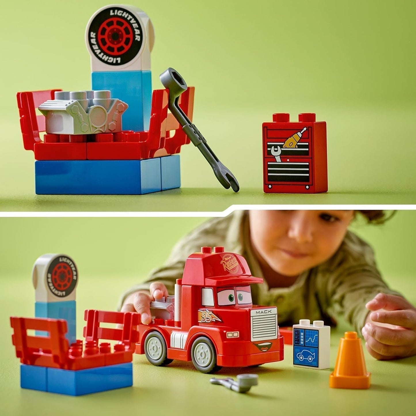 LEGO DUPLO | Disney and Pixar™S Cars Mack Truck Racing, set de mașini cu camion de jucărie pentru copii de 2 ani și peste, cadou pentru copiii de 2 ani care iubesc camionul roșu din film 10417 Seturi de constructie Besuche den LEGO-Store