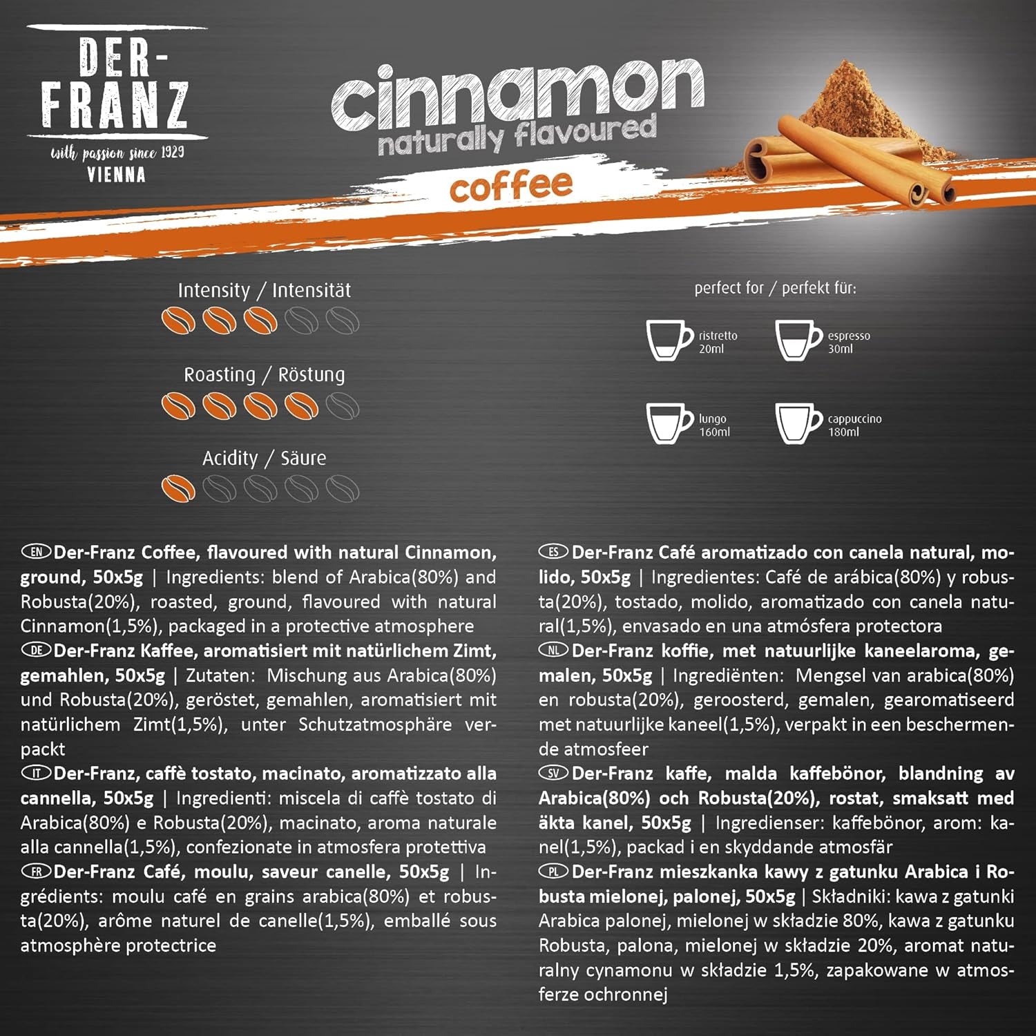 Der-Franz Kaffee Pack, ganze Bohne, aromatisiert, 5 x 500 g (1 x Haselnuss, 1 x Vanille, 1 x Schokolade, 1 x Zimt, 1 x Karamell)