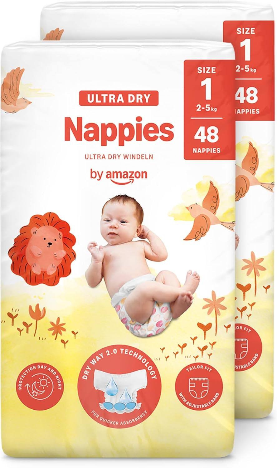 Scutece Ultra Dry de la Amazon, mărimea 1 (2-5 kg) - Cutie lunară, alb, 96 bucăți (2 pachete a câte 48) (anterior sub marca Mama Bear, produs identic)