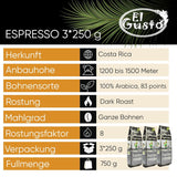 El Gusto Espresso Kaffee aus ganzen Bohnen aus Costa Rica, dunkel geröstet, kreative Mischung, 100% Arabica, frischer Gourmet-Kaffee 3er Pack