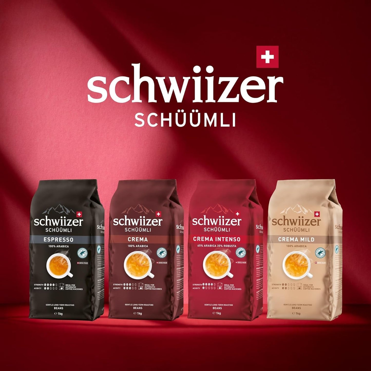 Schwiizer Schüümli Crema Mild, boabe de cafea 100% Arabica fine, armonioase și blânde, ideale pentru espressoare automate, tărie 2/5, prăjire ușoară, Rainforest Alliance, 1kg