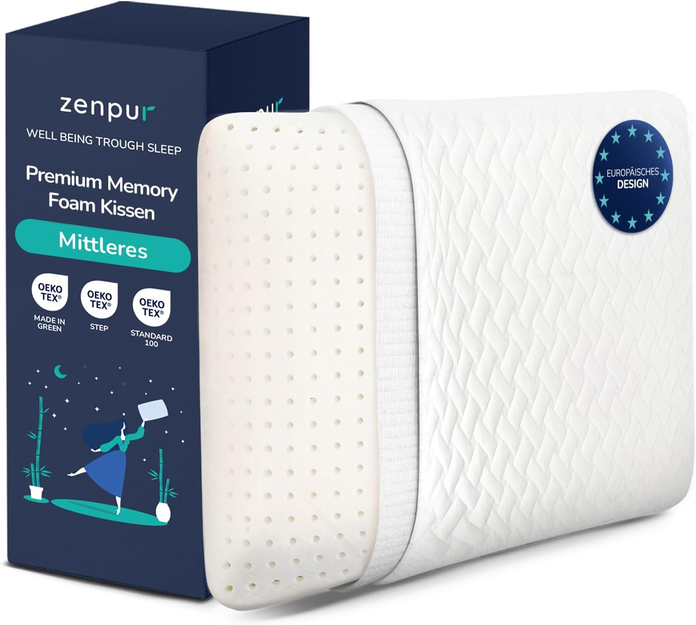 Pernă ortopedică pentru gât ZenPur 40x60-13cm, pernă pentru cap din spumă cu memorie - pernă ergonomică pentru somn, pentru gât și umeri, certificată Oeko-TEX