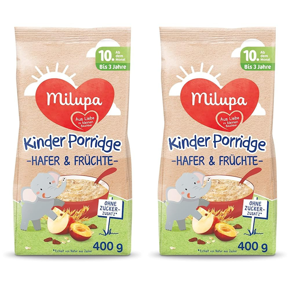 Terci pentru copii Milupa – Terci de ovăz și fructe de la 10 luni la 3 ani, hrană pentru bebeluși, 1 x 400 g (pachet de 2)