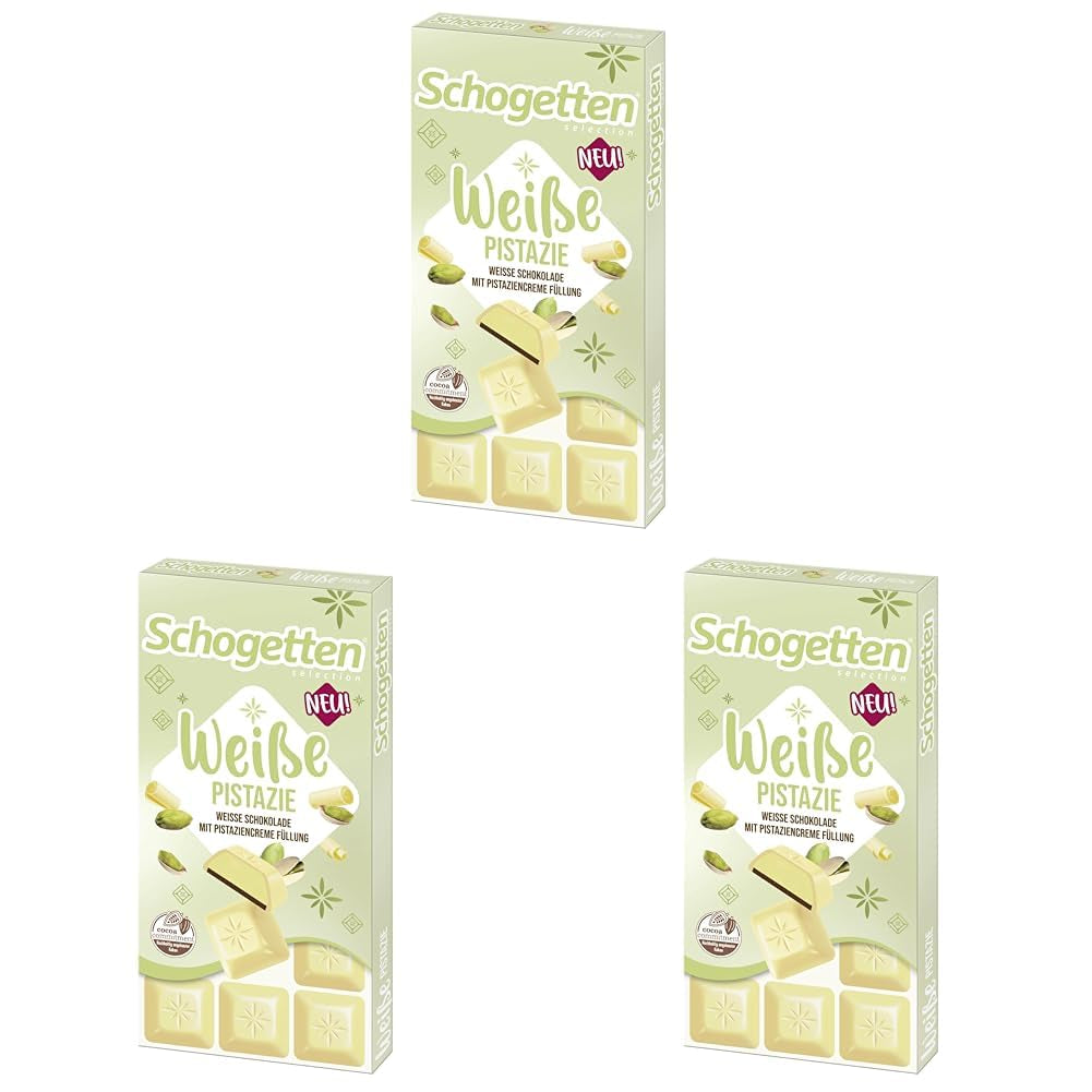 Schogetten Fistic Alb | Ciocolată albă cu umplutură de cremă de fistic | 100 g | Porționat convenabil (pachet de 3)