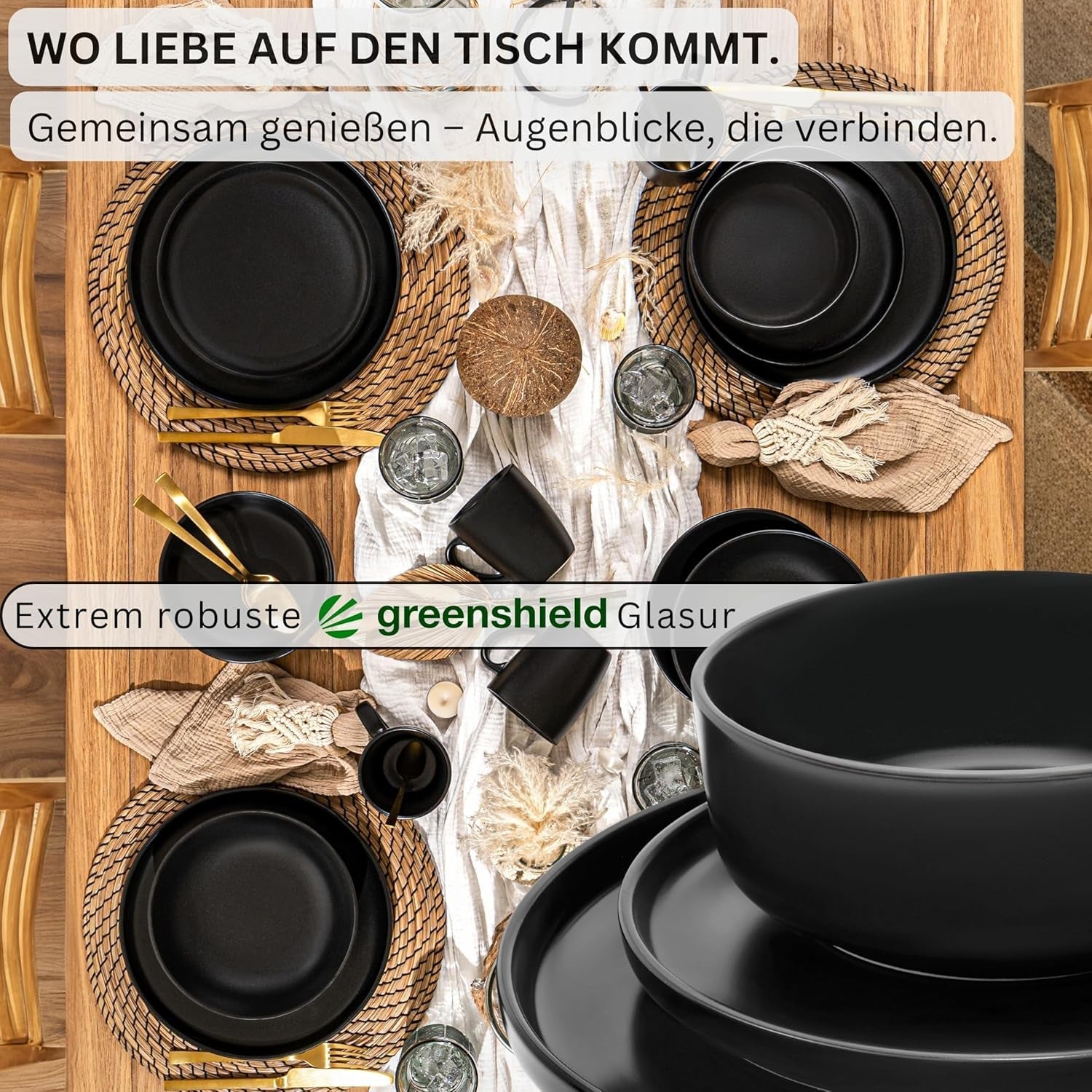 SÄNGER Madeira | Set de veselă combinat cu 24 de piese, set de veselă din gresie pentru 6 persoane, 6 farfurii de cină, 6 farfurii de mic dejun, 6 farfurii de sumă, 6 boluri pentru paste, set de veselă și bol, negru mat | COLECȚIA VALUE
