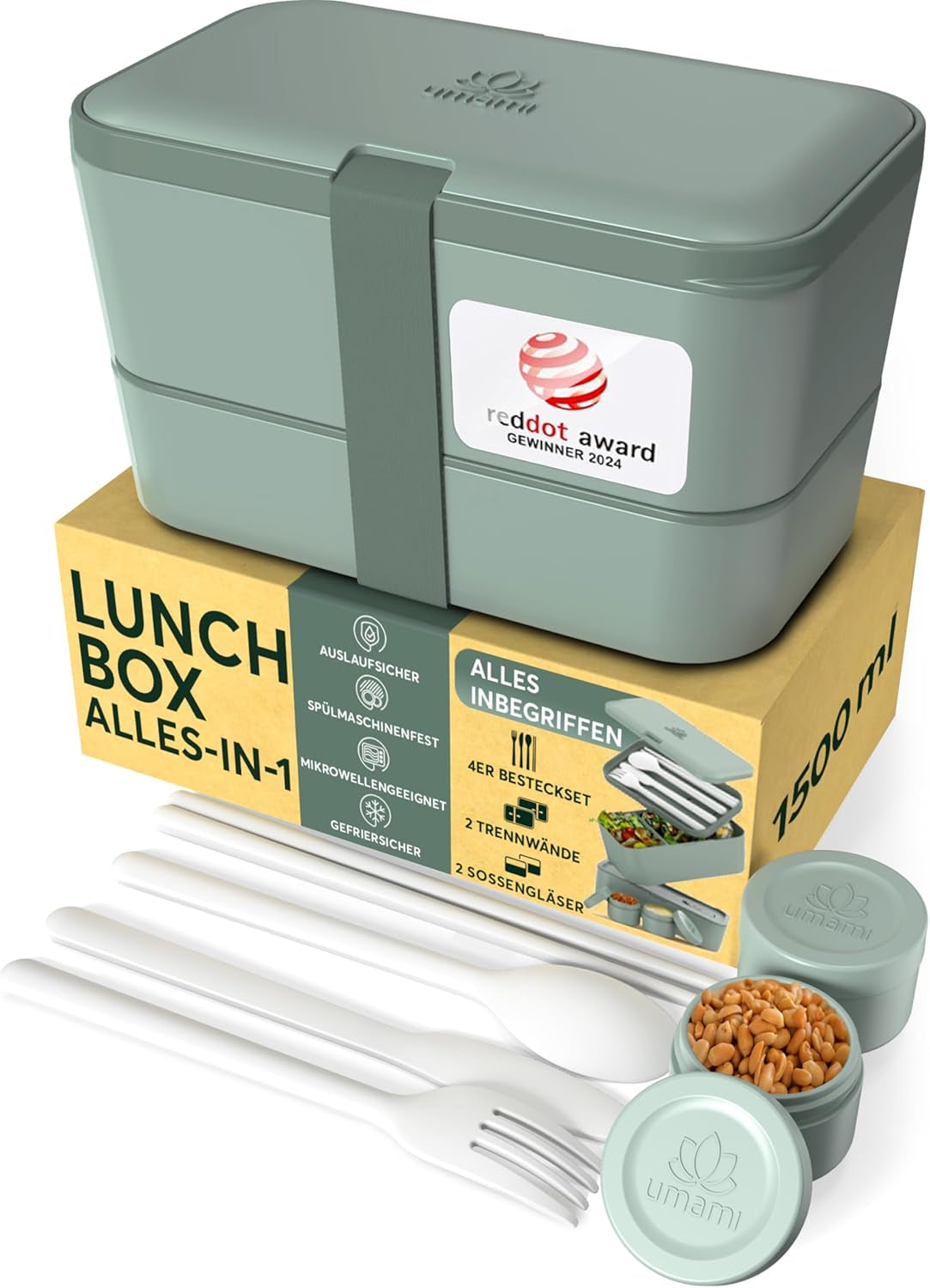 Cutie de prânz Umami pentru adulți, cutie bento stivuibilă etanșă cu 4 tacâmuri și compartimente, cutie de prânz pentru adulți, recipient pentru salată to-go, cutie de prânz pentru picnic / birou, gri cărbune, 1500 ml Cutii depozitare alimente Naty Shop Verde ardezie L - 1500 Ml Stivuibile unul în celălalt