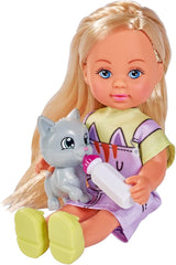 Simba 105733591 - Evi Love Kitty, asortat în 2 moduri, va fi livrat doar UN articol, păpușă într-o rochie drăguță de pisică cu pisoi și sticlă de băut, păpușă de joacă de 12 cm, vârste 3+