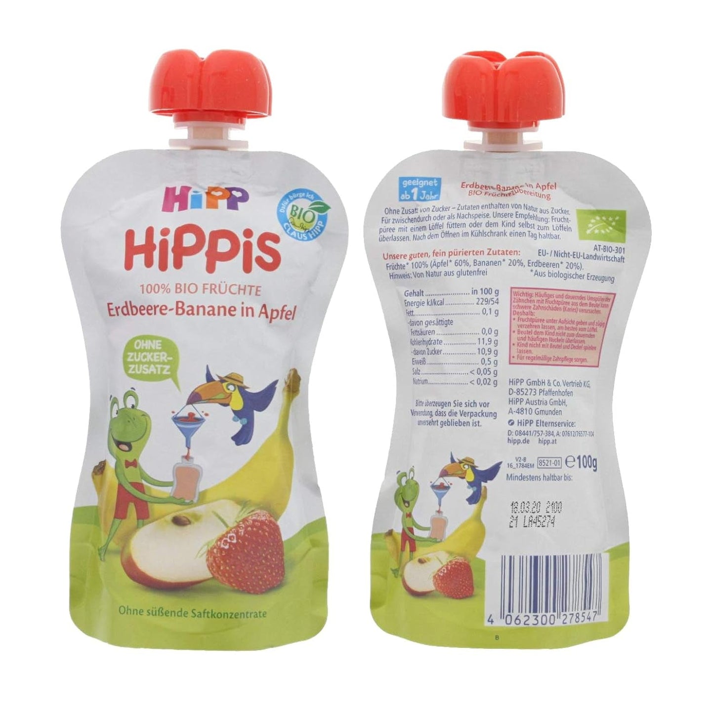HiPP Organic pentru Copii HiPPiS Căpșuni-Banană în Măr - Theo Toucan, 100g