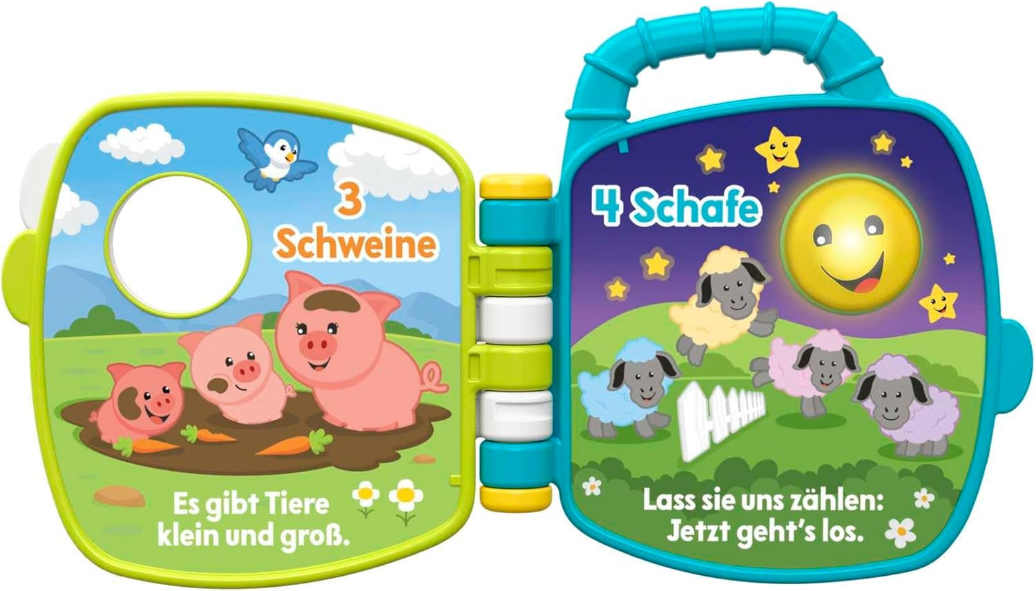 Fisher-Price Musical Animal Friends Songbook | Jucărie pentru copii de la 6 luni, 1 an pentru fete și băieți | Jucărie pentru copii | Carte muzicală cu sunete și efecte luminoase | Jucărie educativă (germană), GFP29 Jucarii Bebe Naty Shop