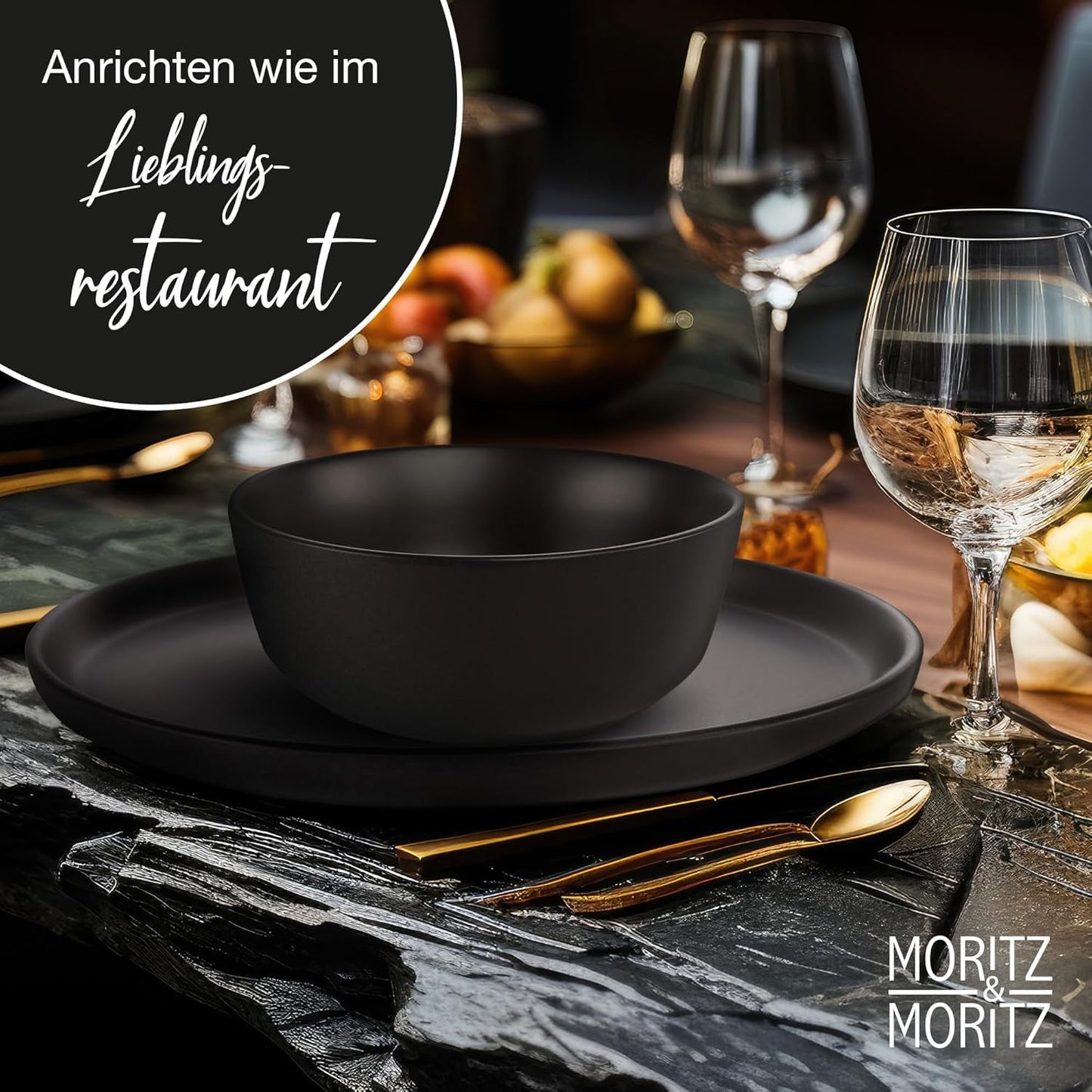 Set de veselă Moritz & Moritz NORDIC pentru 6 persoane - Set de veselă din gresie neagră cu 18 piese - Design scandinav - Set de farfurii robust pentru 6 persoane pentru uz zilnic și pentru oaspeți - Set de veselă combinat