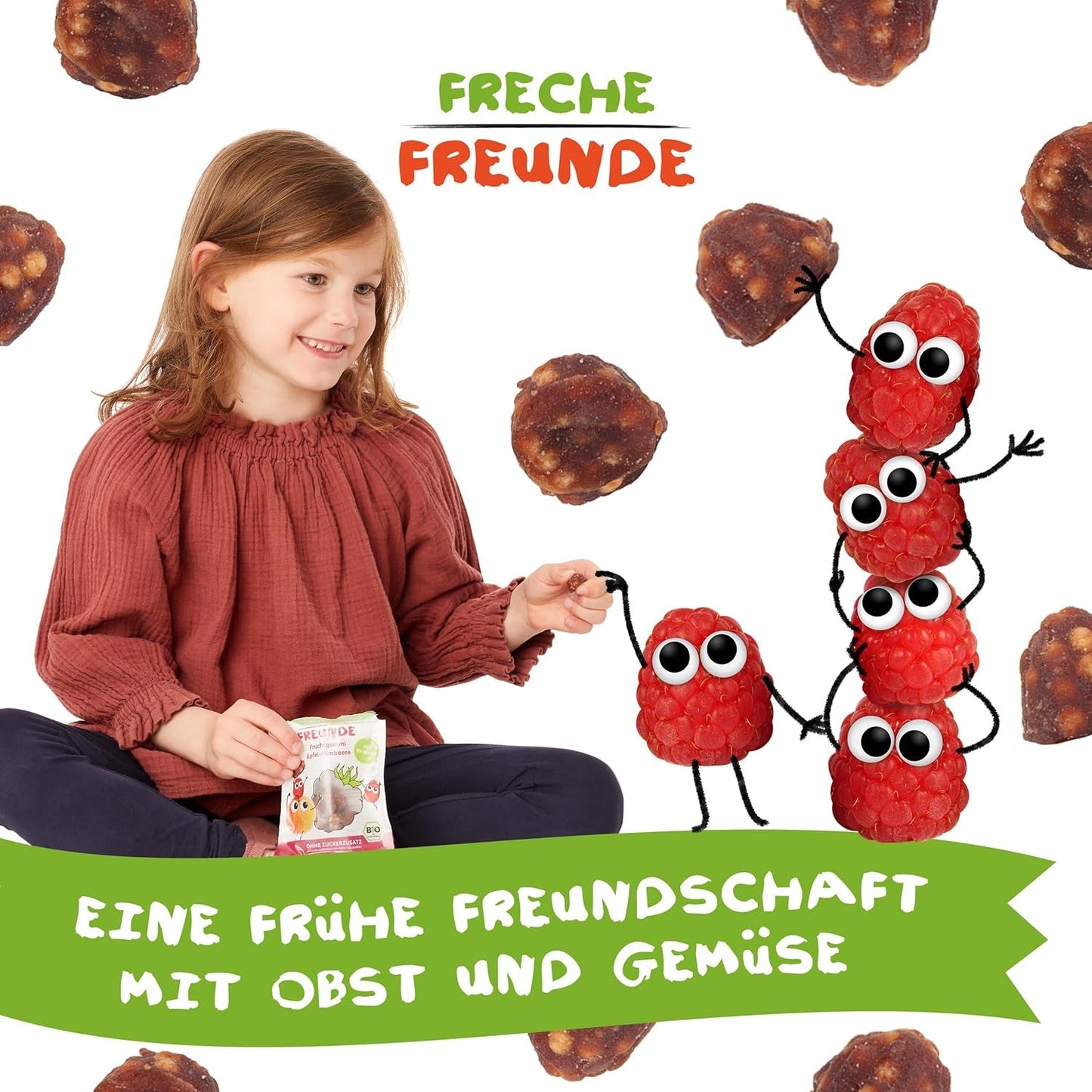 FRECHE FREUNDE Jeleuri organice cu fructe, măr, zmeură și acadele de orez, gustare dulce-fructată pentru copii, fără gluten, vegană, pachet de 20 (20 x 30g)