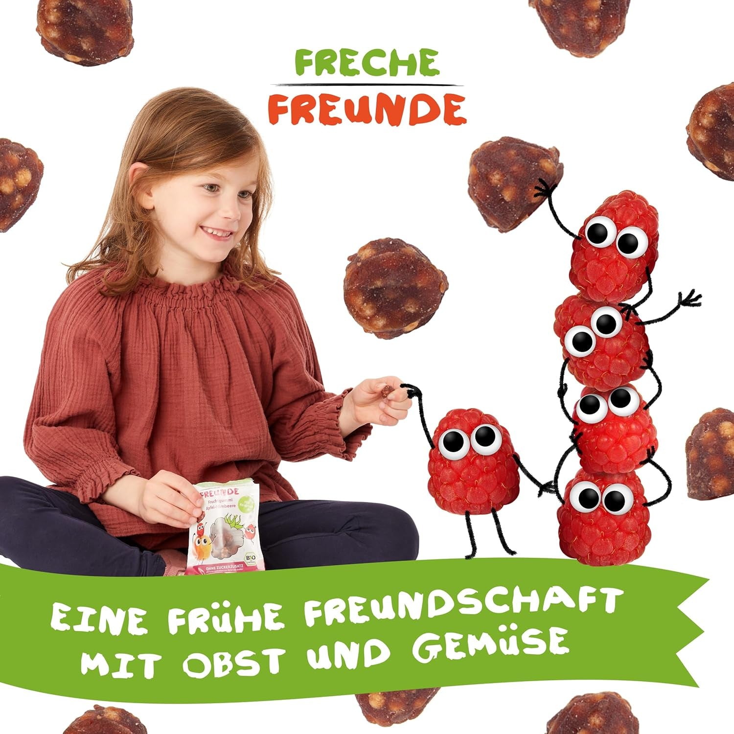 FRECHE FREUNDE Jeleuri organice cu fructe, măr, zmeură și acadele de orez, gustare dulce-fructată pentru copii, fără gluten, vegană, pachet de 20 (20 x 30g)