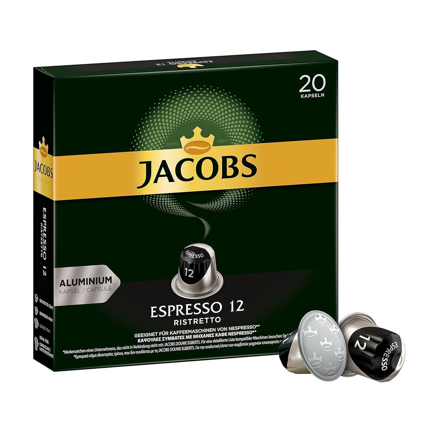 Kaffeekapseln Espresso Ristretto, Intensität 12 von 12 & Kaffeekapseln Krönung Crema, 200 Nespresso kompatible Kapseln, 10er Pack, 10 x 20 Getränke, 1040 g
