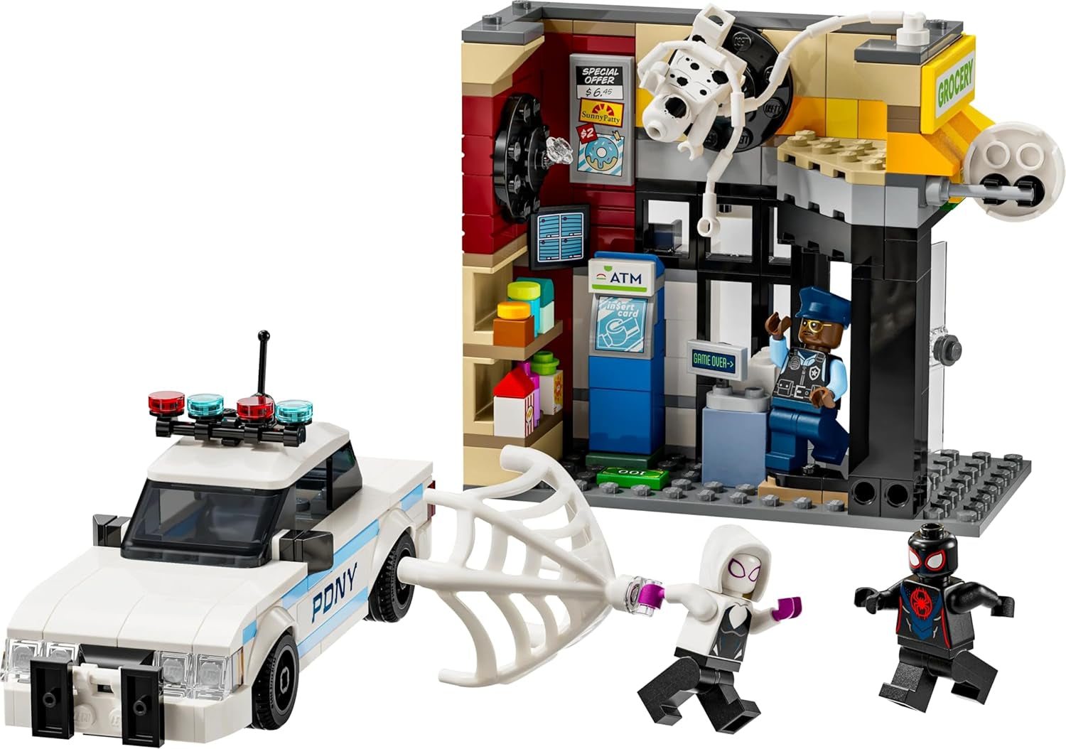 LEGO Marvel Spider-Verse: Miles Morales Vs. Spot - Set de joacă pentru supereroi cu mașină de jucărie - 4 minifigurine și mini-market - Cadou pentru băieți și fete cu vârsta de 9+ 76311 Seturi de constructie Besuche den LEGO-Store