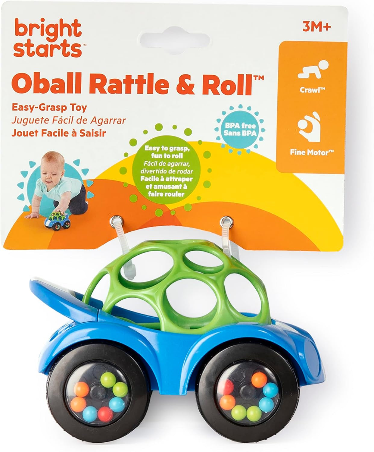 Bright Starts, Oball, mașină de jucărie cu zornăitor, jucărie cu activitate motorie pentru bebeluși și copii mici de la 3 luni, 1 bucată, culoare aleatorie albastru sau roșu Jucarii Bebe Naty Shop