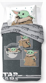 Lenjerie de pat pentru copii, unisex, printese si super eroi, 100% bumbac Lenjerie de pat - copii Naty Shop Gri - Mandalorian 135X200/50X70 (2 Piece)