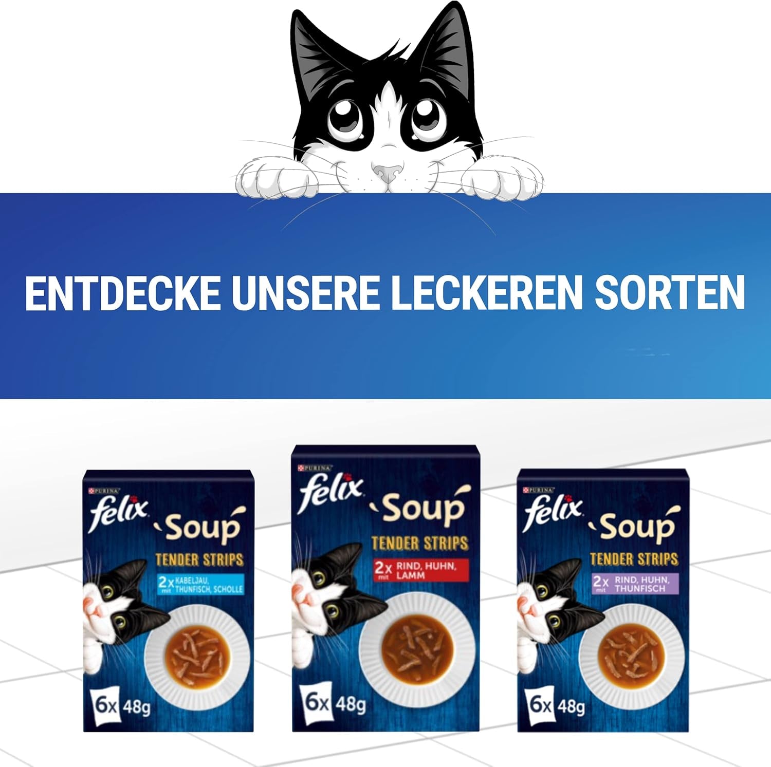 Felix Soup Strips, supă pentru pisici, varietate mixtă, pachet de 8 (8 x 6 pliculețe a câte 48 g fiecare)