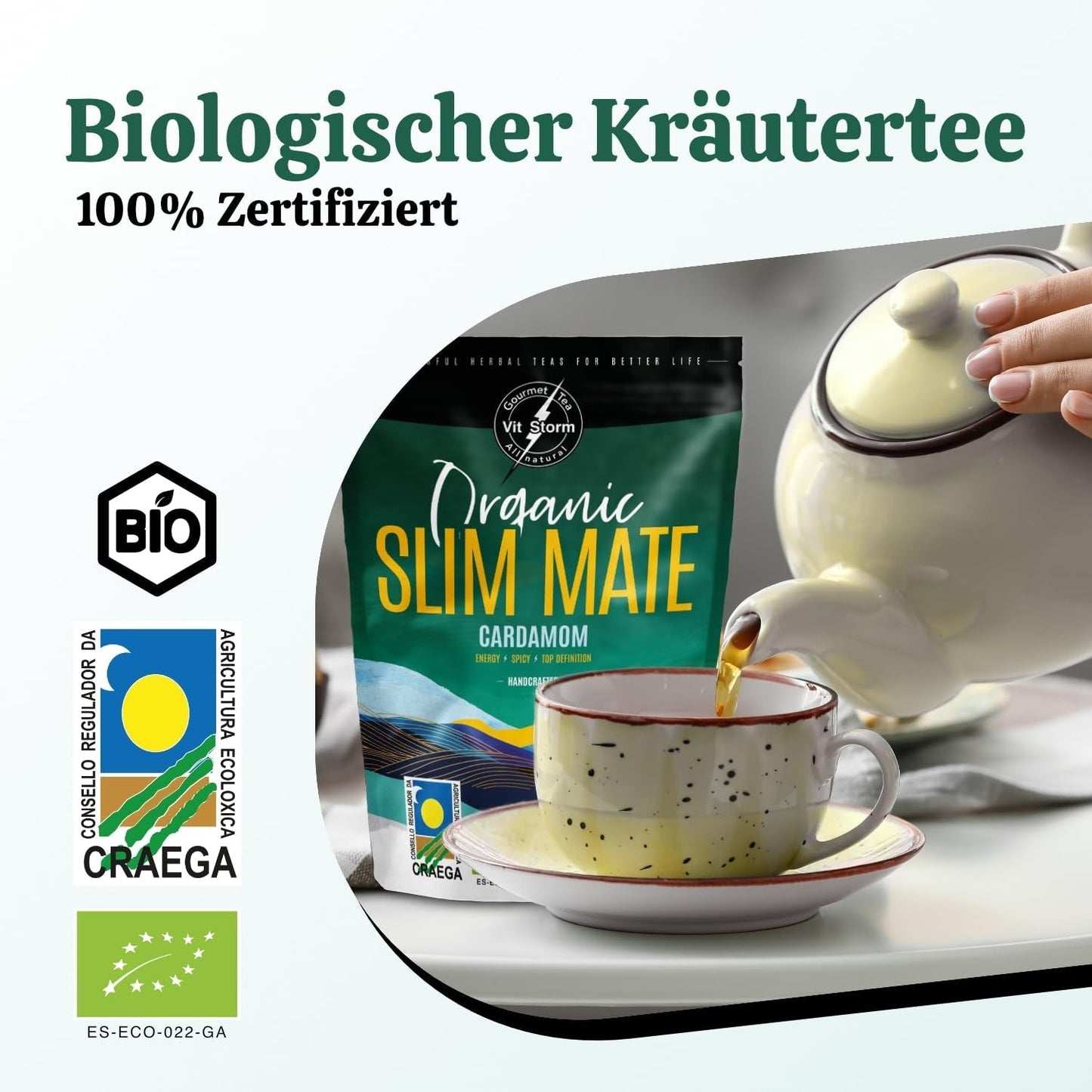VITSTORM® Slim Tea Cardamom – Ceai Yerba Mate BIO – Cură de detoxifiere și ceai diuretic – 100G