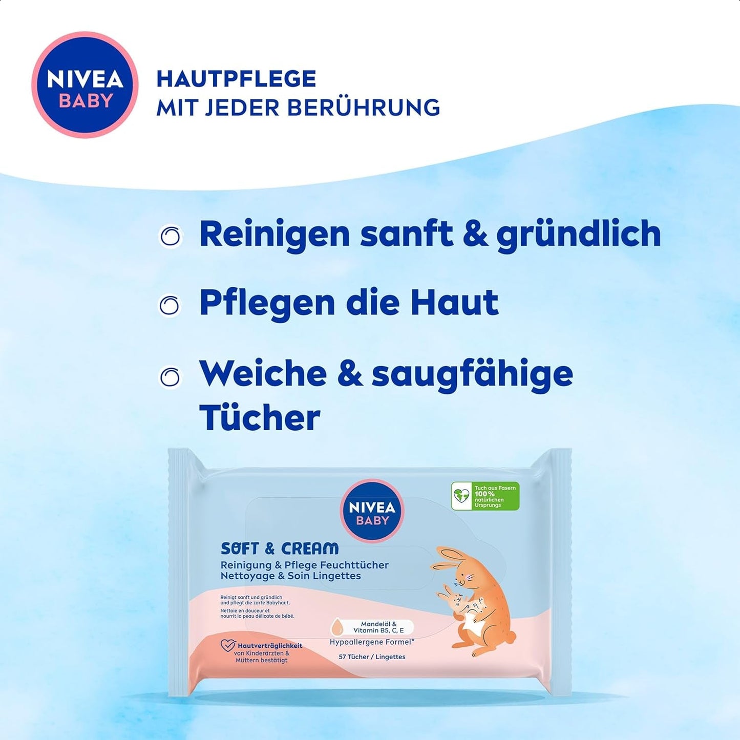 Șervețele umede NIVEA BABY Soft & Cream pentru bebeluși (4 x 57 bucăți)