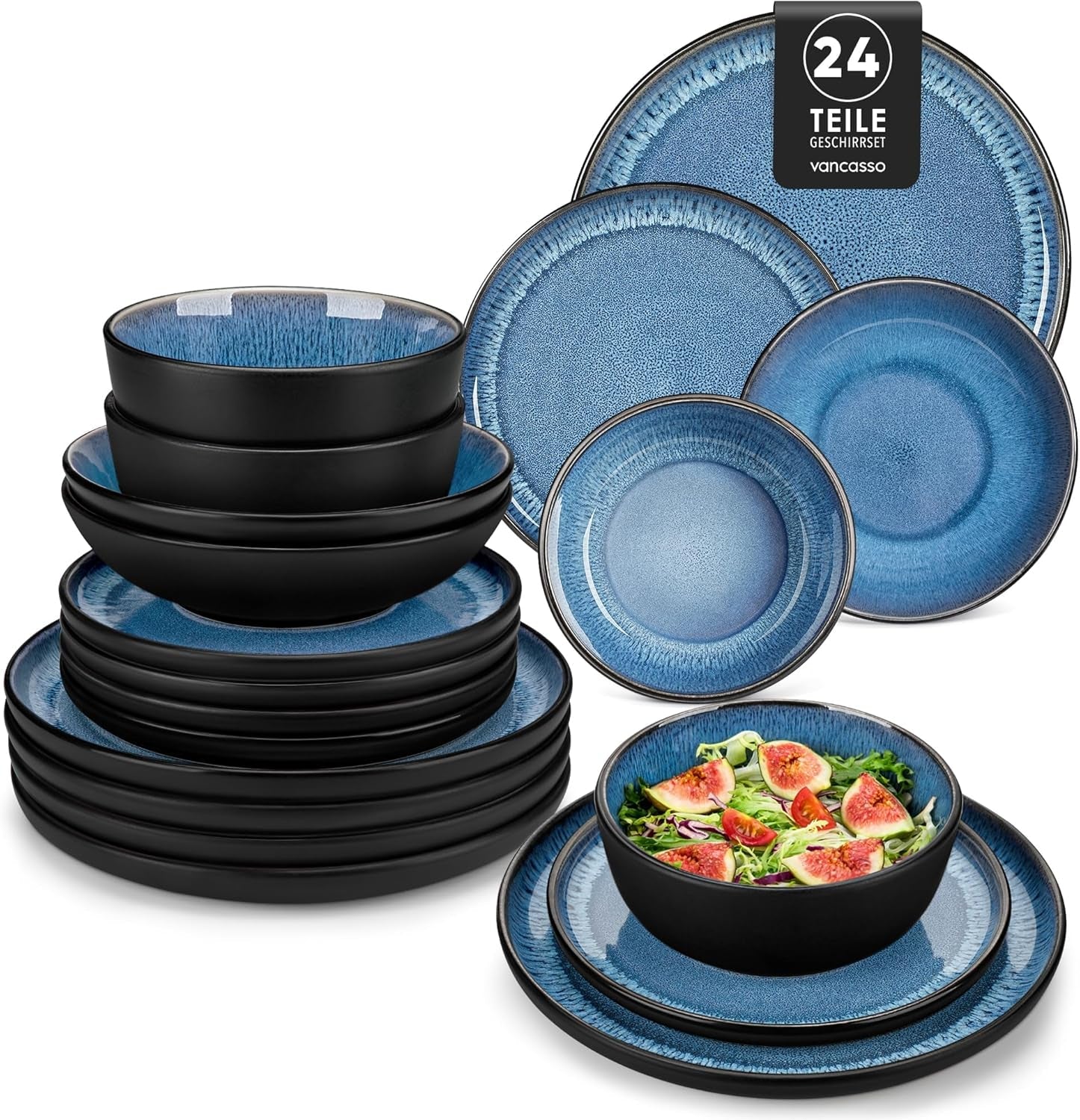 Set de veselă pentru 6 persoane, set de veselă din gresie Vancasso PLAYA, 24 de piese pentru 6 persoane, albastru, inclusiv farfurii, farfurii de sumă, boluri și farfurii de salată, potrivit pentru mașina de spălat vase și cuptorul cu microunde