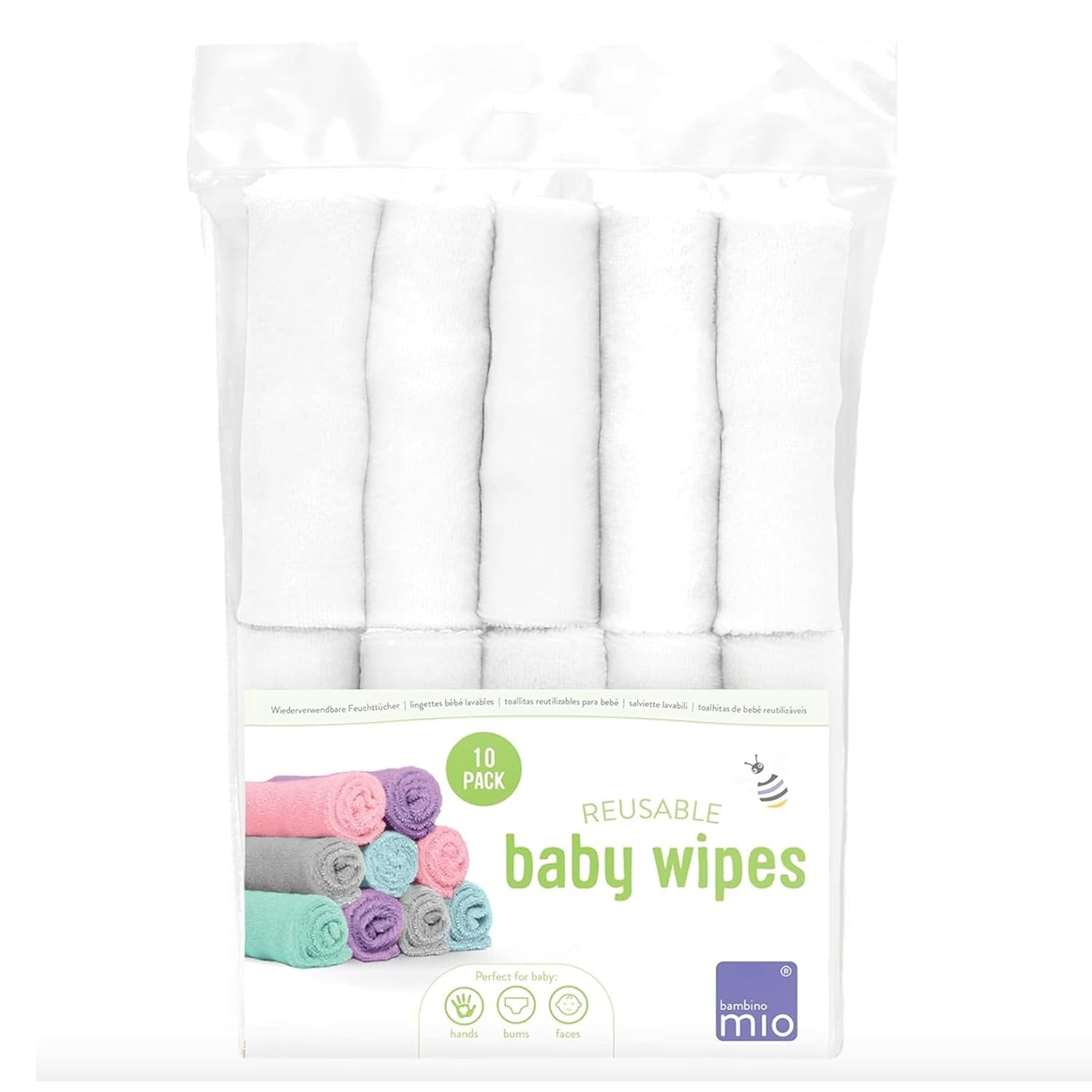 Bambino Mio, șervețele umede reutilizabile pentru bebeluși - Basic - ecologice, fără substanțe chimice, cu două fețe, lavabile, pachet de 10, Cloud - ambalajul poate varia