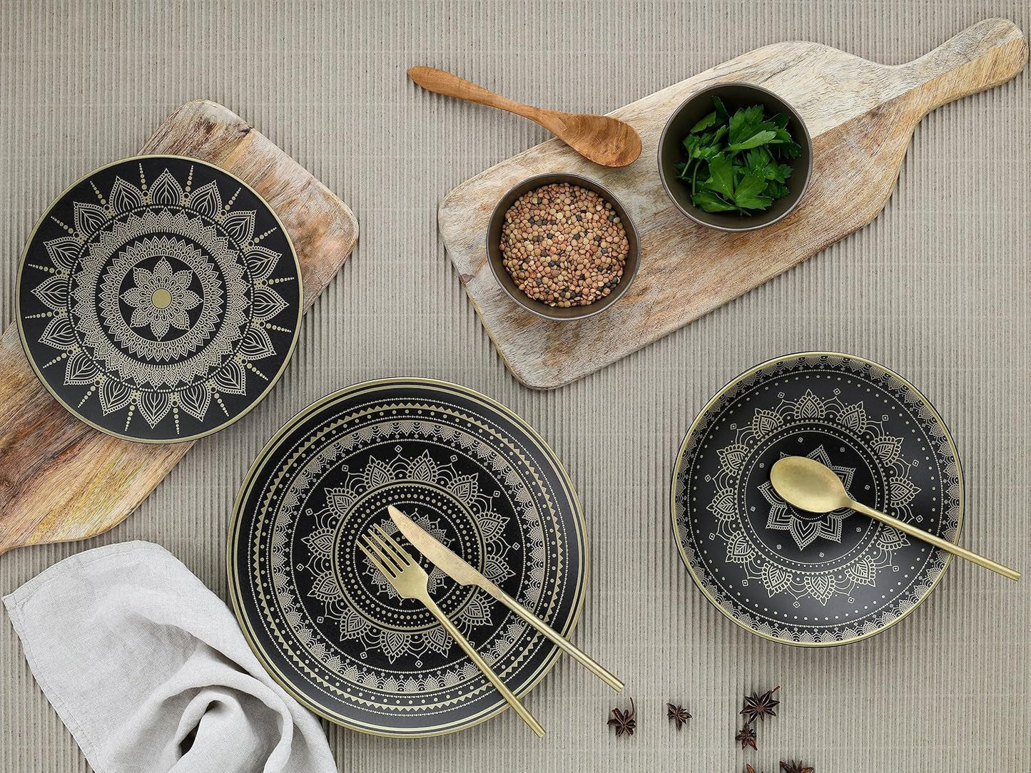 CreaTable, 23588, seria MANDALA GOLD - Negru, set de veselă cu 12 piese, set de farfurii din gresie, potrivit pentru mașina de spălat vase și cuptorul cu microunde, producție de calitate