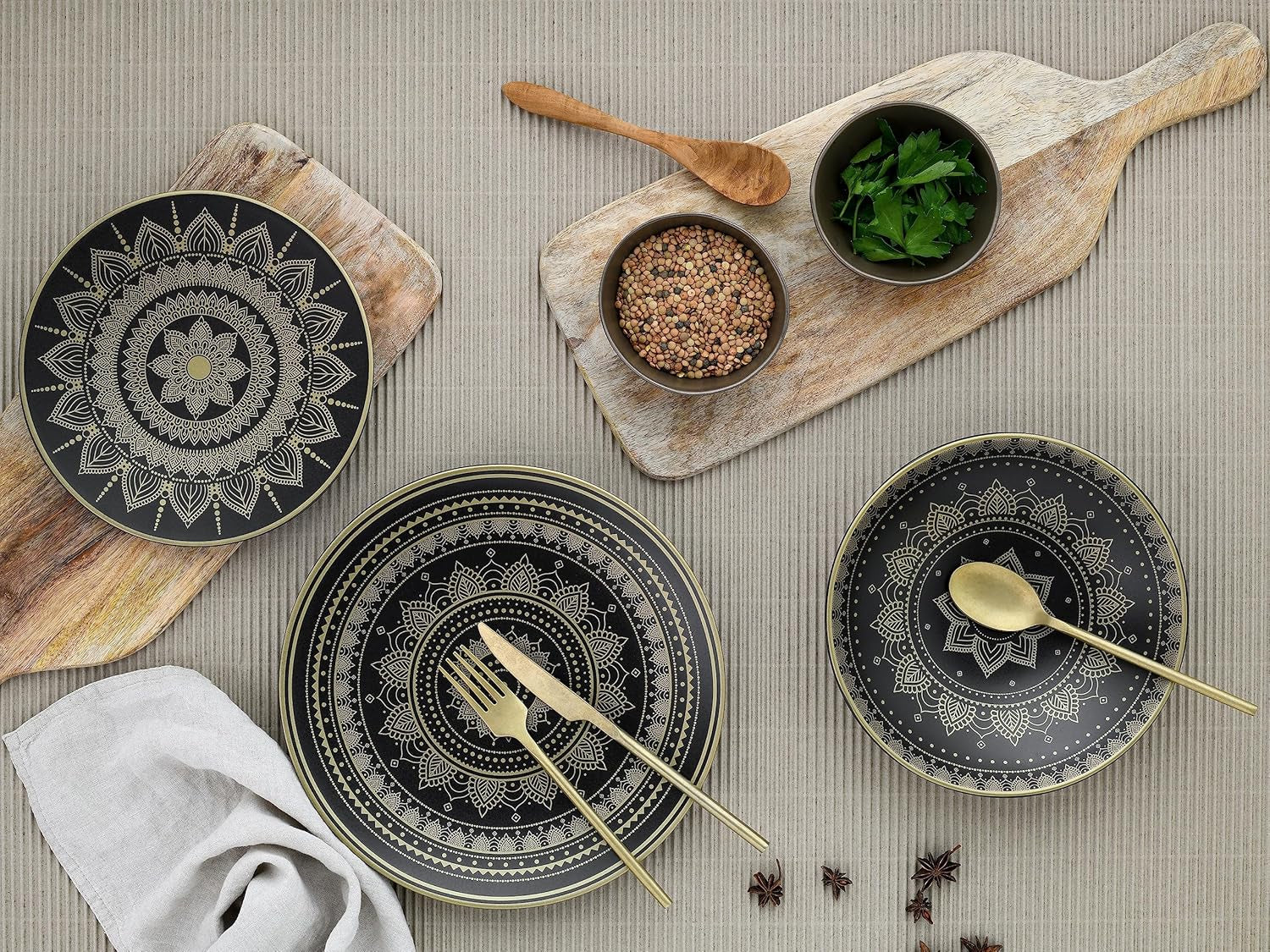 CreaTable, 23588, seria MANDALA GOLD - Negru, set de veselă cu 12 piese, set de farfurii din gresie, potrivit pentru mașina de spălat vase și cuptorul cu microunde, producție de calitate