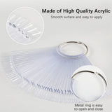 300 de bețișoare transparente pentru unghii, modele de unghii în formă de evantai, vârfuri de afișare a culorilor cu 6 inele metalice, placă de unghii artificială pentru salon de unghii și practică a ojei cu gel pentru începători