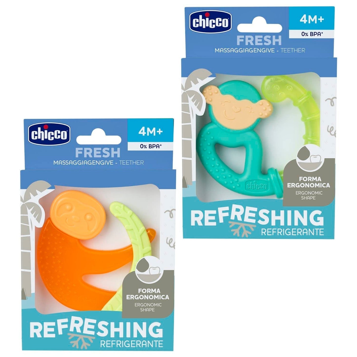 Inel de dentiție Chicco Fresh&Relax Maimuță sau Leneș, 4M+, umplut cu apă sterilă