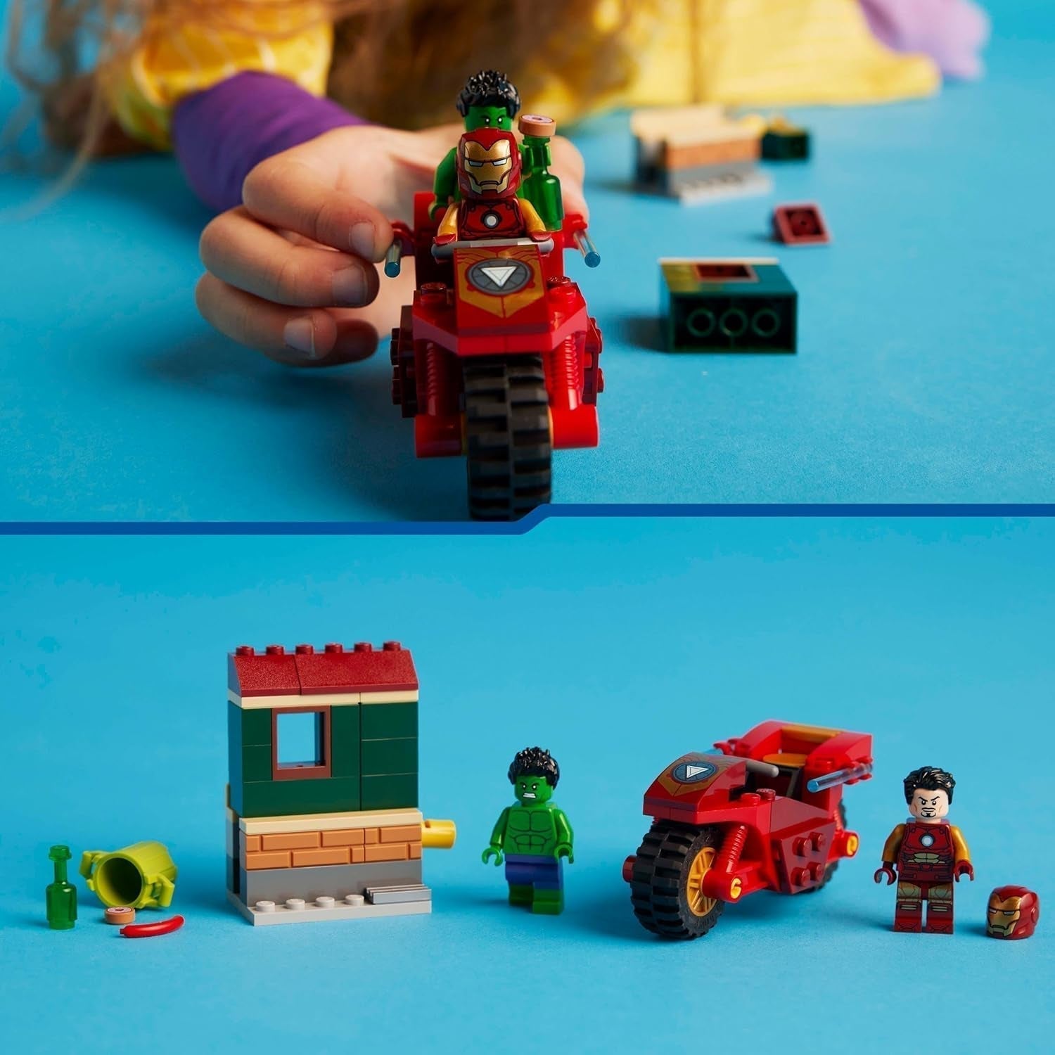 LEGO Marvel Iron Man cu bicicletă și Hulk, jucărie de construit supereroi pentru copii, set de colecționat cu bicicletă și minifigurine, cadou pentru fete și băieți de la 4 ani 76287 Seturi de constructie Besuche den LEGO-Store