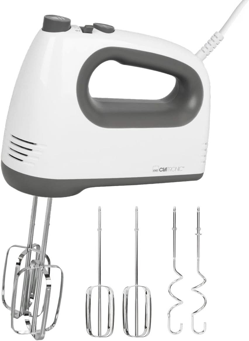 Clatronic Mixer | Kraftvoller 400 Watt-Motor | Handmixer | Turbostufe & 5 Geschwindigkeitsstufen | Handrührgerät | Spülmaschinengeeignete Edelstahlquirle Und -Knethaken | HM 3775 Bucatarie Naty Shop Weiß-Grau 400 Watt