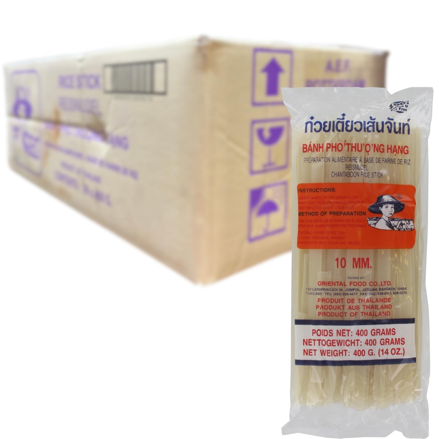 Tăiței de orez – thailandezi, tăiței panglică de orez cu lățimea de 10 mm, făcuți din făină de orez, drepți – 1 x 400 g