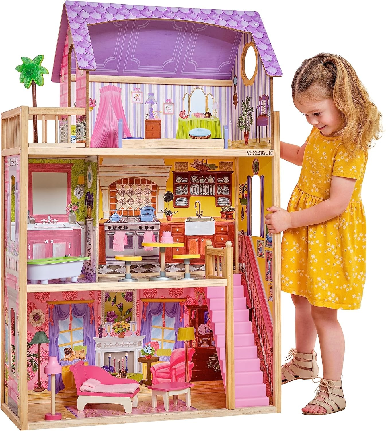 Casa de păpuși din lemn Kidkraft Kayla cu mobilier și accesorii, set de joacă cu 3 niveluri de joc pentru păpuși de 30 cm, jucărie pentru copii de la 3 ani, 65092 - Exclusiv pe Amazon Casute de papusi Naty Shop Titlu implicit