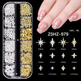Nail Charms,6 Boxen Gold Silber Nagel Charms 3D Gold Bogen Stern Nail Art Dekoration+6200 Strasssteine Bunt Steine AB Perlen Diamanten,3D Legierung Bow Nail Gems Nagel Deko Für Frauen Nagel (6-A)