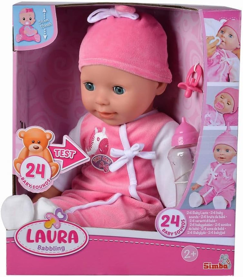 Simba 105140489 - Păpușa Laura Baby Talk, Păpușă cu corp moale de 38 cm și ochi adormiți, în salopă drăguță, 24 de sunete pentru bebeluși, Păpușă de joacă, Păpușă bebeluș, Vârste 2+
