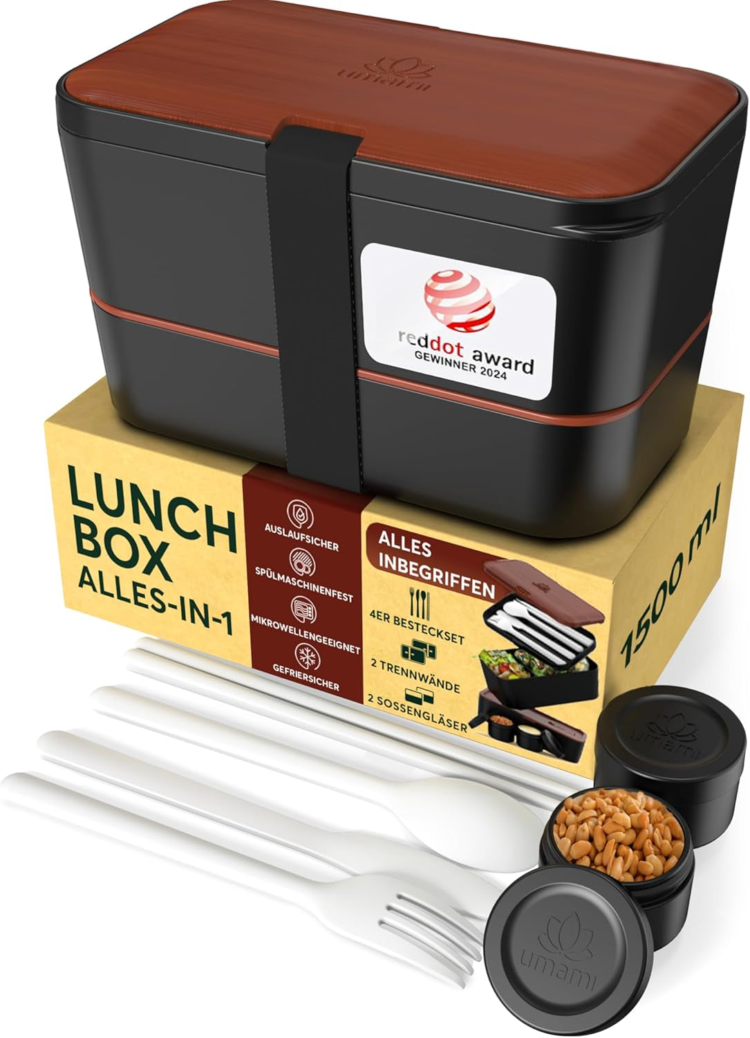 Cutie de prânz Umami pentru adulți, cutie bento stivuibilă etanșă cu 4 tacâmuri și compartimente, cutie de prânz pentru adulți, recipient pentru salată to-go, cutie de prânz pentru picnic / birou, gri cărbune, 1500 ml Cutii depozitare alimente Naty Shop Sapele negru L - 1500 Ml Stivuibile unul în celălalt
