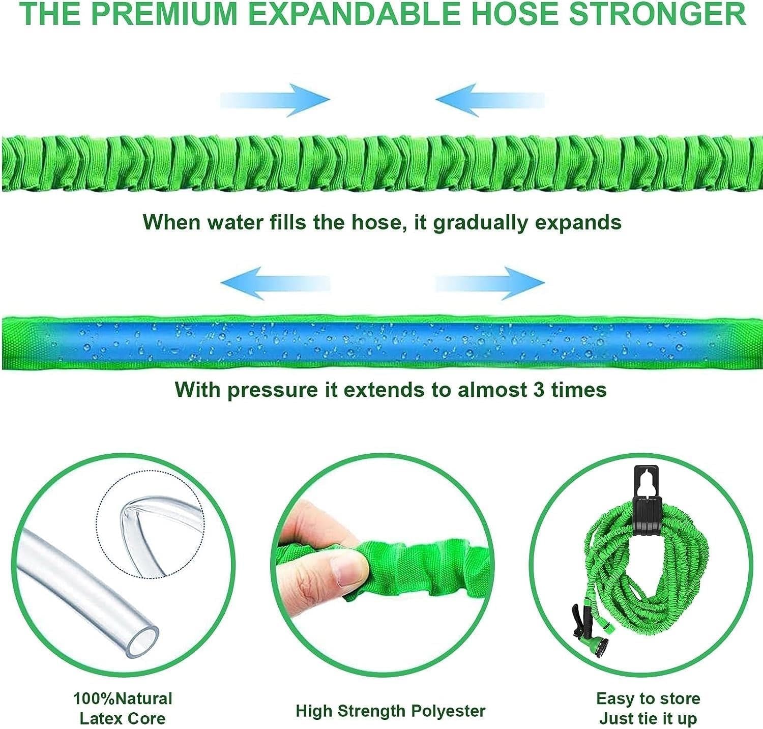 Furtun de grădină, furtun magic flexibil extensibil cu racorduri de 1,9 cm, 1,27 cm, duză de pulverizare cu 8 funcții, albastru sau verde, 15 m