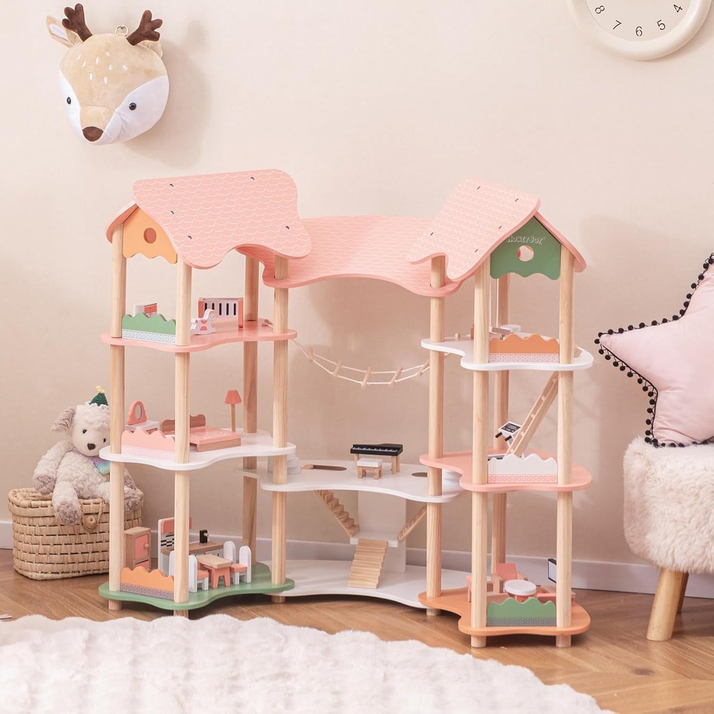Casă de păpuși din lemn FANTASK, casă de păpuși de 85 cm înălțime 7 camere cu 32 de mobilier și accesorii, vilă de păpuși cu scară de frânghie, cadou de casă de păpuși pentru fete de la 3 ani (Model 3) Casute de papusi Naty Shop