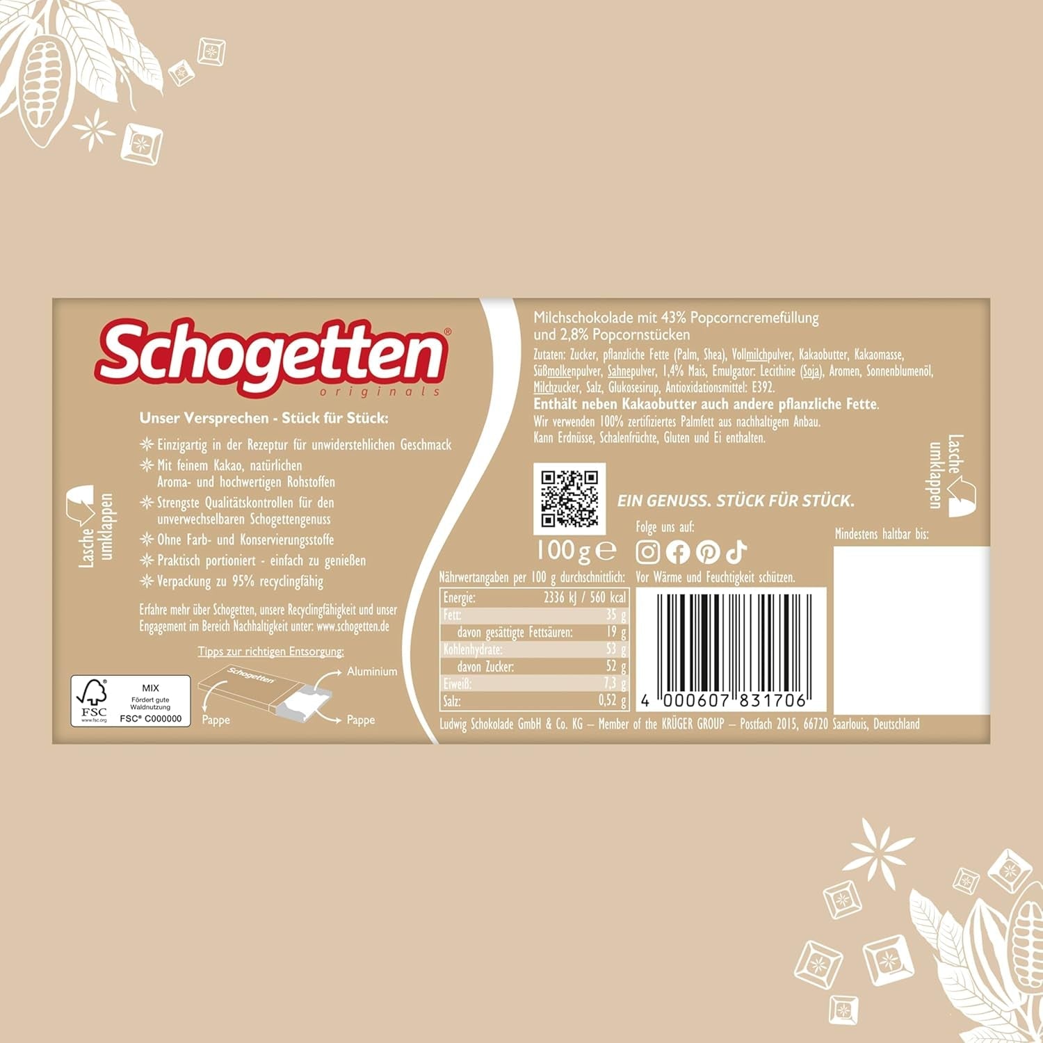 Floricele de porumb Schogetten 1 tabletă de ciocolată x 100g, ciocolată cu lapte cu floricele de porumb și bucăți de porumb, bucăți individuale practice. O delicatesă. Bucată cu bucată.