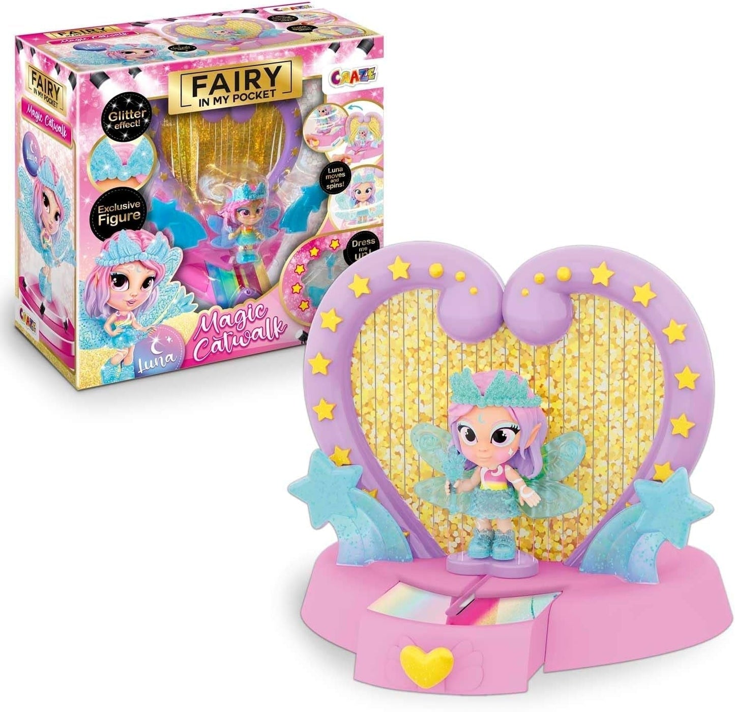 CRAZE Fairy in My Pocket | Păpușă zână cu aripi, jucărie zână de colecționat cu efecte speciale precum sclipici, strălucire în întuneric și schimbare de culoare Papusi Naty Shop Fairy Magic Catwalk playset