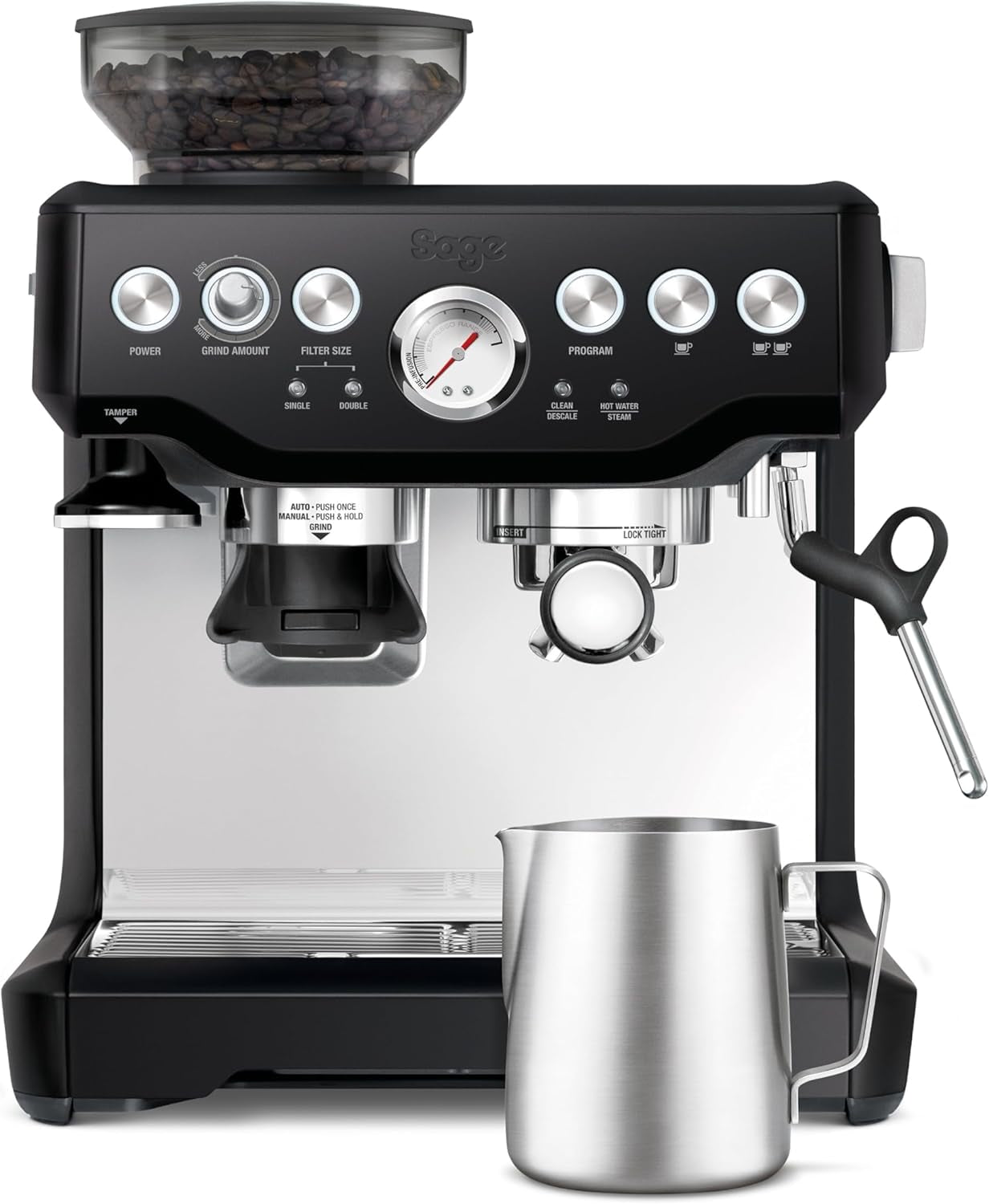 Sage - The Barista Express - Espressor cu spumator manual de lapte și râșniță integrată - 16 setări de măcinare, măcinare automată, spumă individuală de lapte - Trufă Neagră